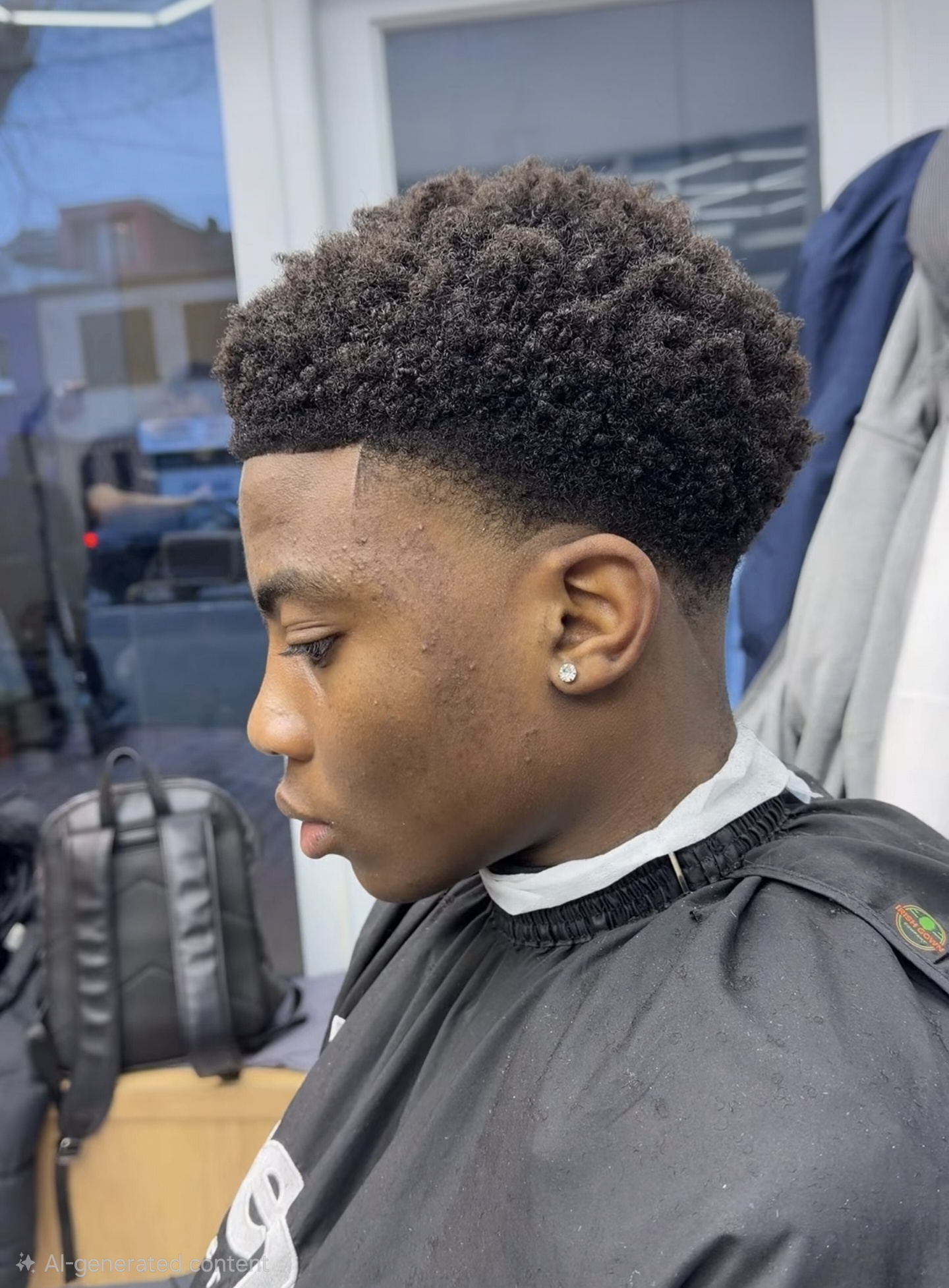 Afro with low taper fade and sharp lineup